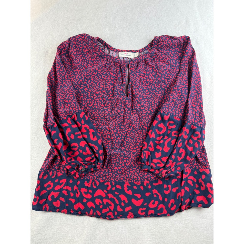 Vineyard Vines Red Navy Leopard Print 3/4 Sleeve‎ Blouse Top